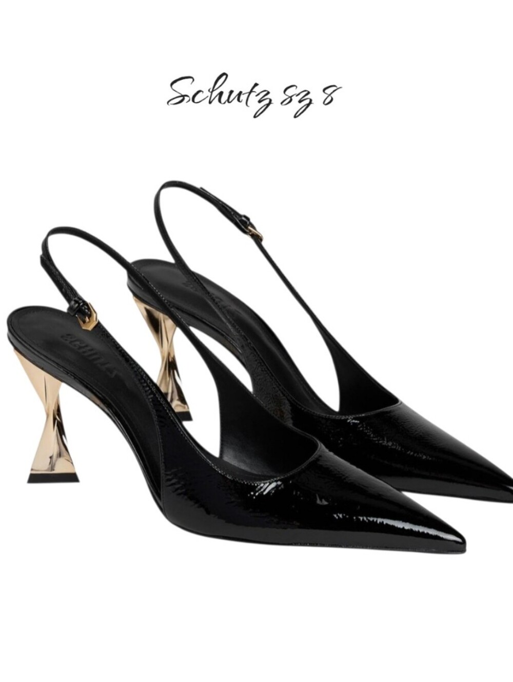 Schutz Elisha Patent Leather Slingback Pumps Black Gold Sculptural Heel Sz 8